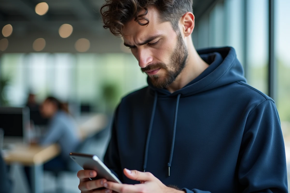 Homme consultant les paramètres SMS sur un smartphone Xiaomi Android pour identifier un message bloqué