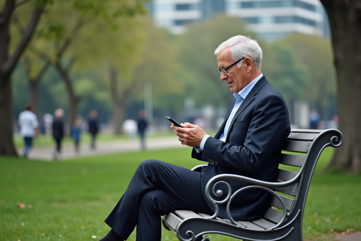 Homme d age moyen assis dans un parc regardant son smartphone