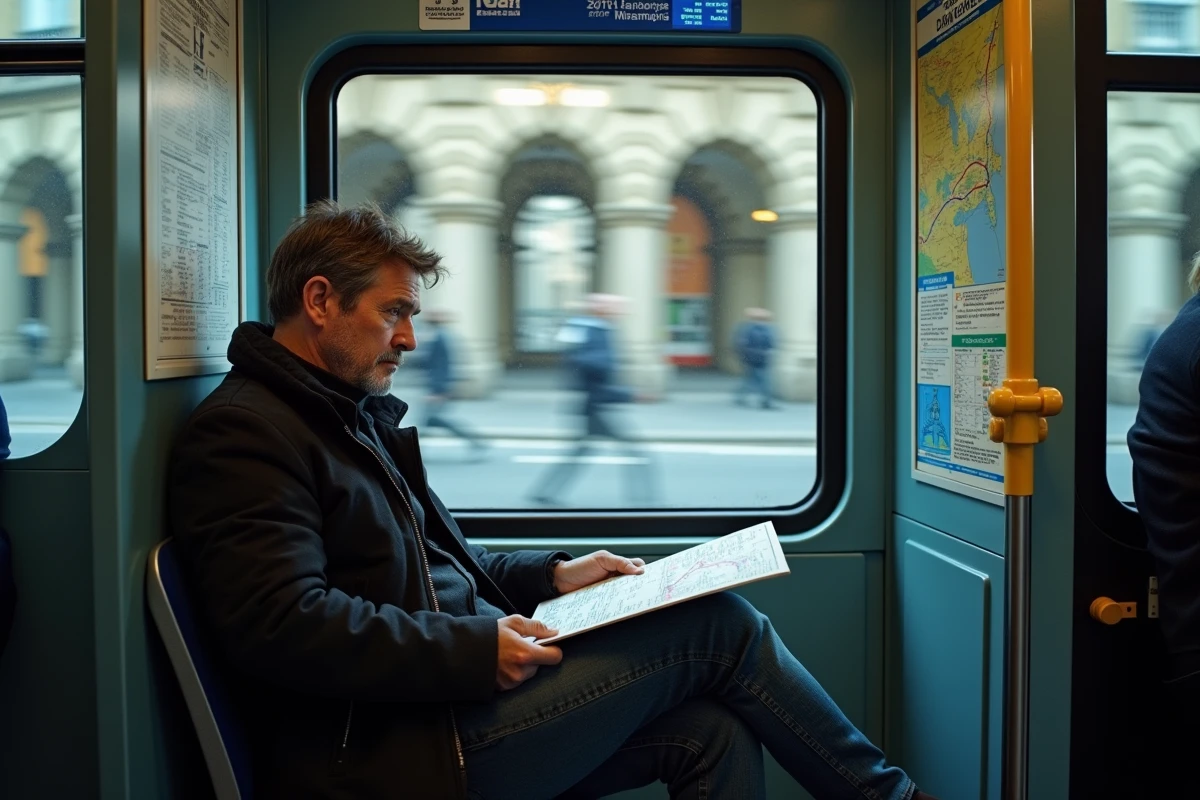 Homme consultant le plan des lignes de bus RATP à l'intérieur d'un bus traversant le Marais à Paris