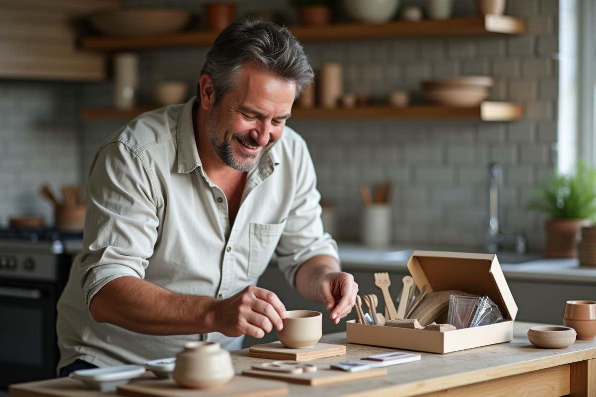 Homme arrangeant un kit de poterie dans une cuisine moderne
