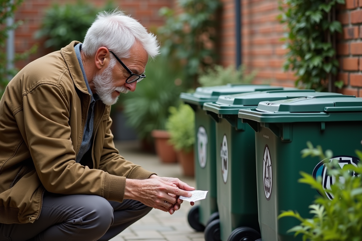 Homme âgé triant des recyclables dans une cour urbaine