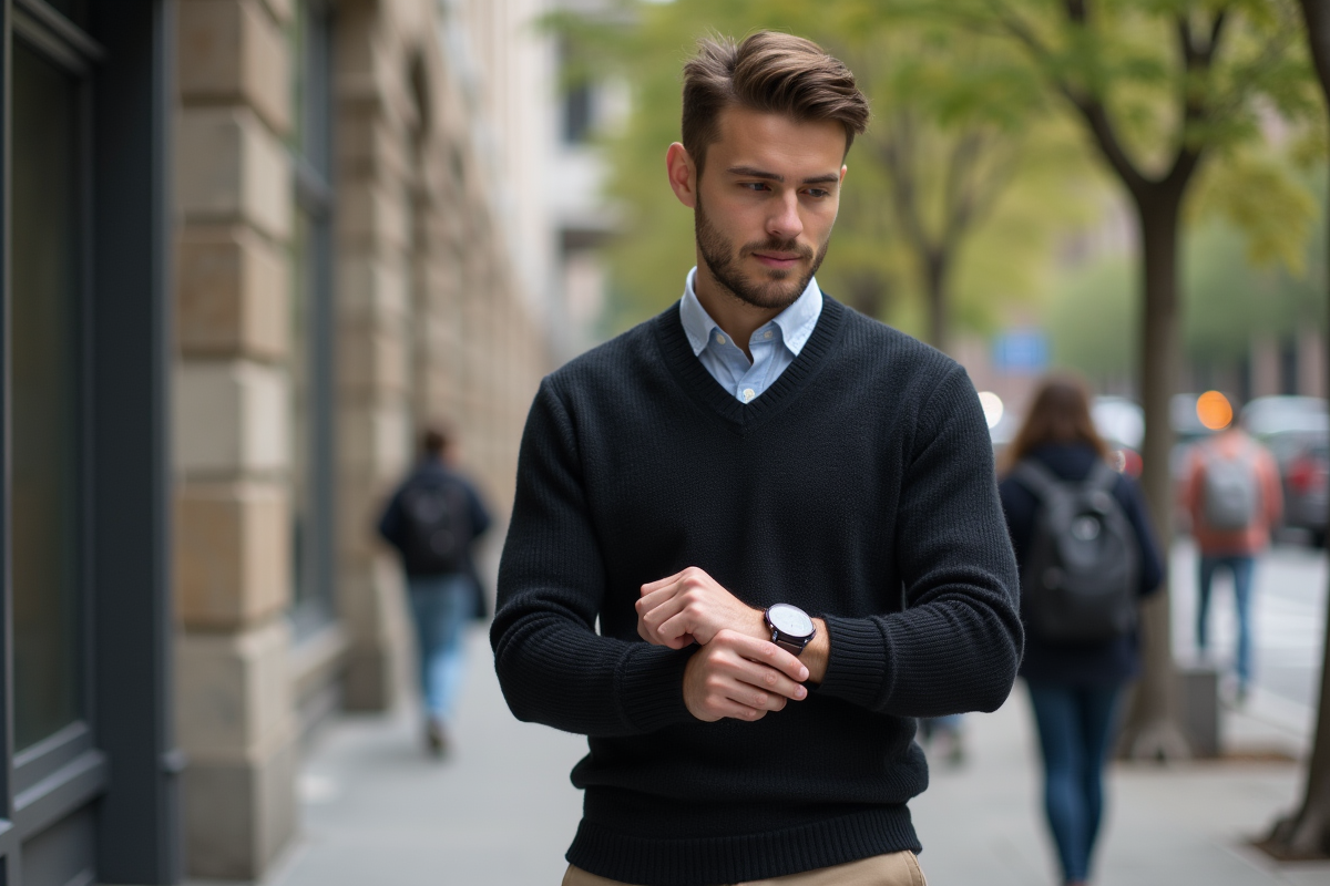Homme ajustant une montre en ville dynamique