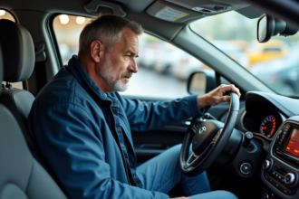 Homme vérifiant le compteur dans une concession automobile