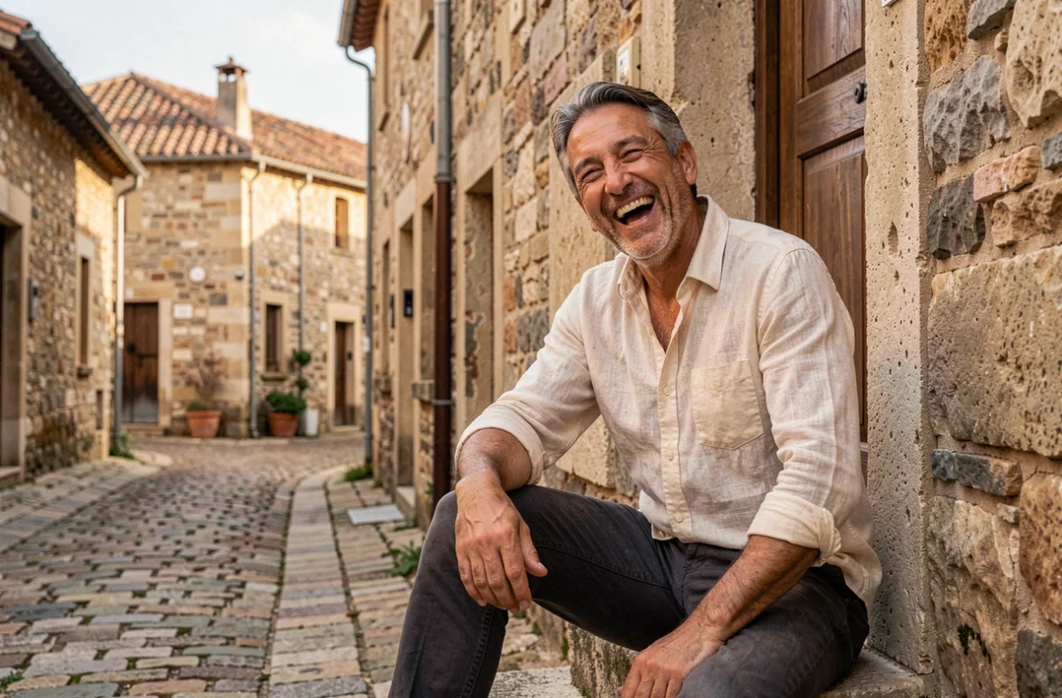 Homme aux traits méditerranéens assis sur les marches d'une bâtisse en pierre dans un village du Sud de la France, évoquant les racines et l'identité régionale