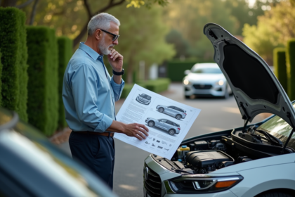 Homme d'âge moyen examine un diagramme de voiture hybride