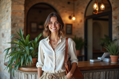 Femme souriante à la réception d'un hôtel à Nantes