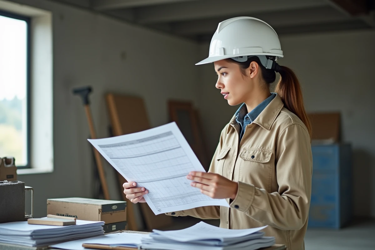 Jeune ingénieure de chantier discute en intérieur avec document technique