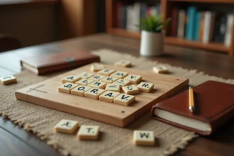 Neuf tuiles de lettres en bois disposées en rangée sur une table rustique, évoquant un jeu de mots à 9 lettres classé par thèmes