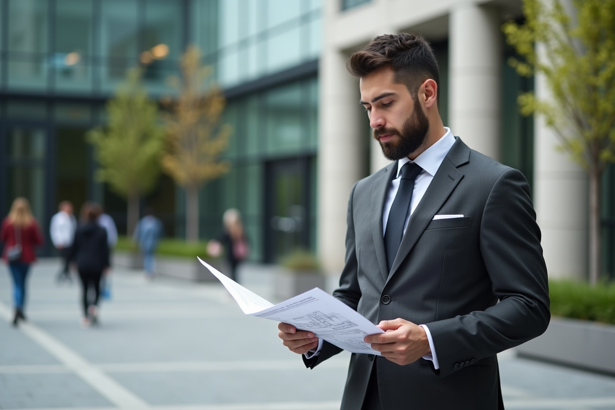Jeune avocat en ville avec documents et mairie moderne