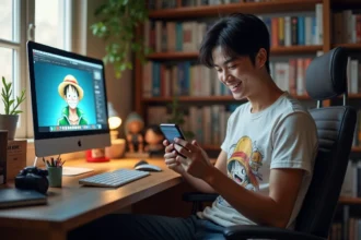 Jeune homme souriant avec manga et figurines dans sa chambre