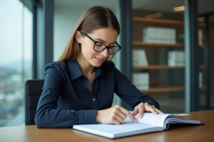 Jeune femme professionnelle consulte un agenda bilingue au bureau