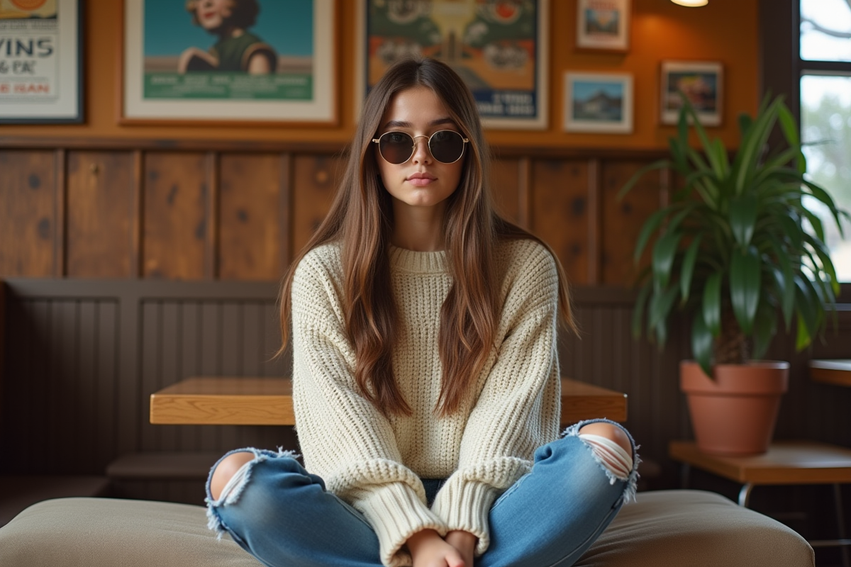 Jeune femme assise dans un café vintage chaleureux