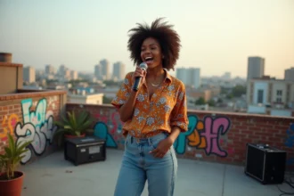 Jeune femme noire chante en extérieur sur un toit urbain