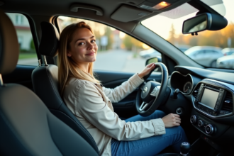 Jeune femme au volant d'une voiture compacte en ville