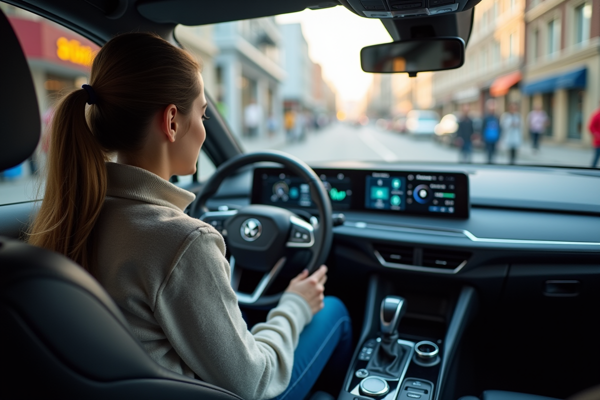 Jeune femme regarde le tableau de bord d