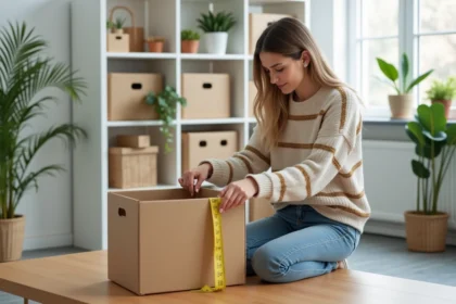 Jeune femme mesurant une boîte dans un bureau moderne