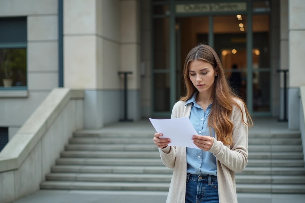 Jeune femme examinant un formulaire devant un bâtiment public