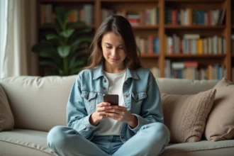 Jeune femme lisant manga sur smartphone dans un salon cosy