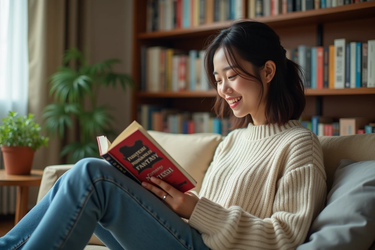 Jeune femme asiatique lisant un roman coloré dans un salon cosy