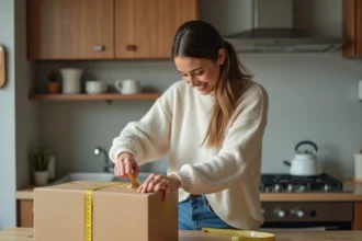 Jeune femme mesurant un colis dans sa cuisine moderne