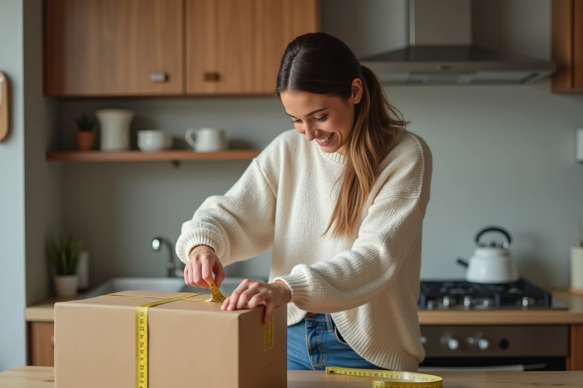 Jeune femme mesurant un colis dans sa cuisine moderne