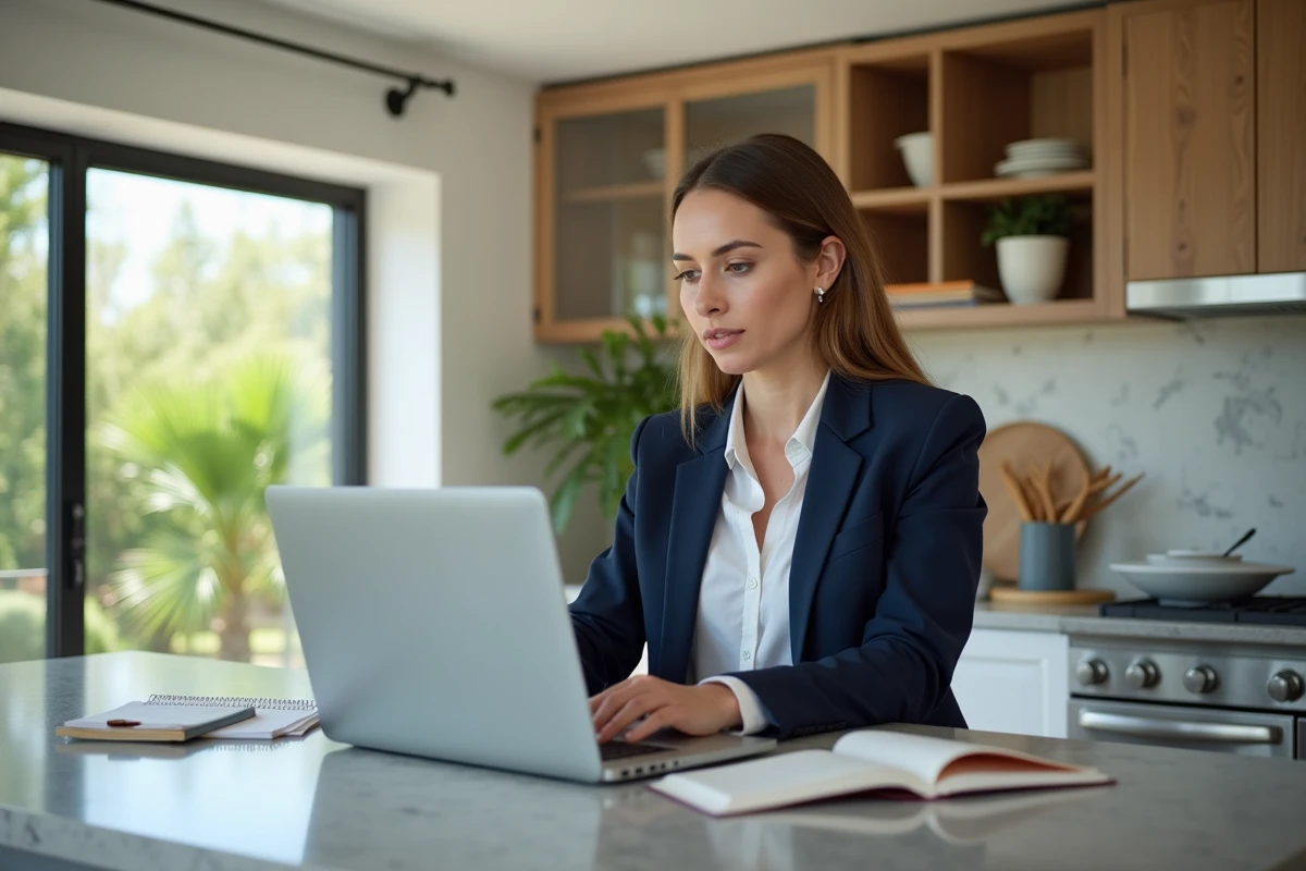 Jeune femme professionnelle travaillant sur un ordinateur dans une cuisine moderne