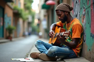 Jeune homme noir jouant de la guitare dans la rue urbaine