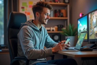 Jeune homme souriant dans un bureau à domicile créatif