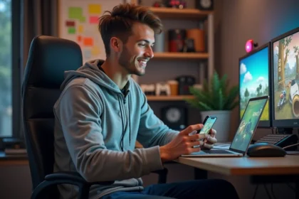 Jeune homme souriant dans un bureau à domicile créatif
