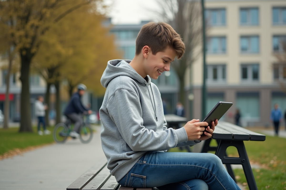 Jeune garçon souriant assis dans un parc avec tablette