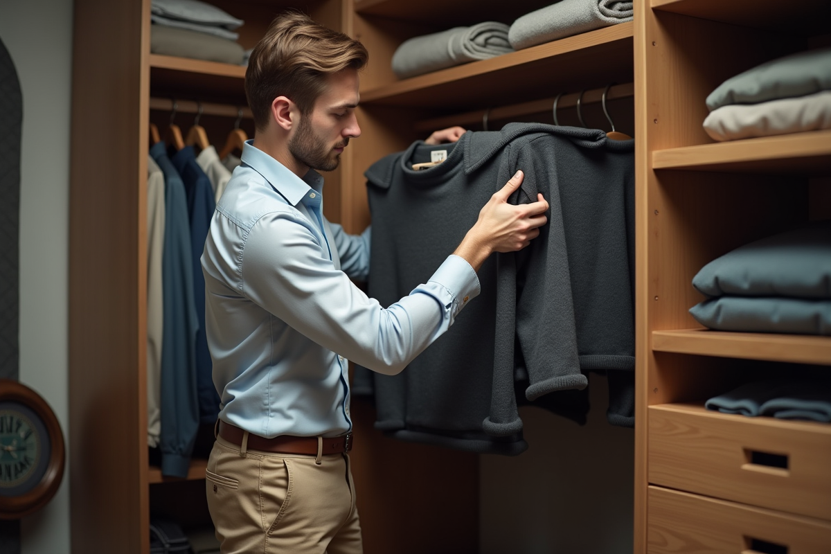 Jeune homme rangeant un pull dans une armoire moderne