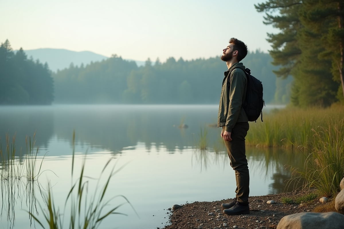 Jeune homme en pleine nature près d’un lac calme