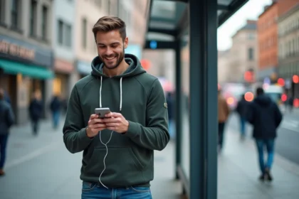Jeune homme souriant avec smartphone à la ville