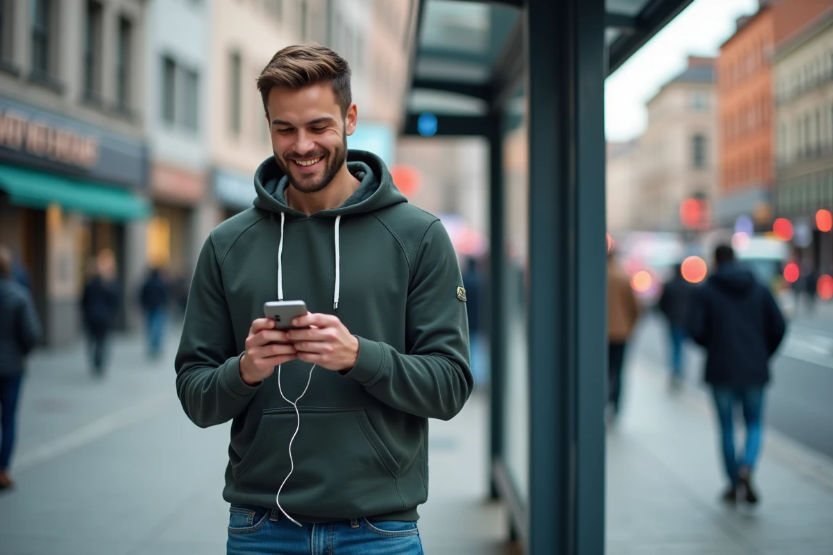 Jeune homme souriant avec smartphone à la ville