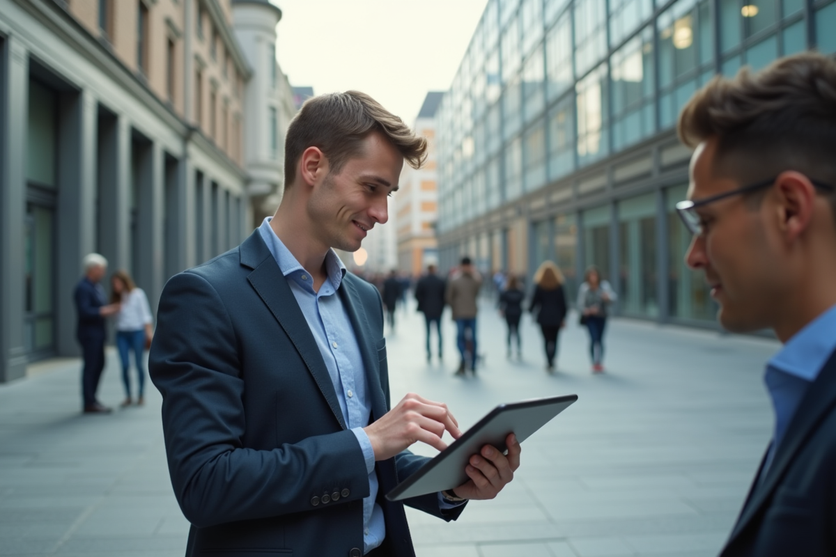 Jeune homme lisant traduction sur tablette en ville