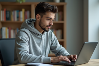 Jeune homme concentré travaillant sur son ordinateur portable