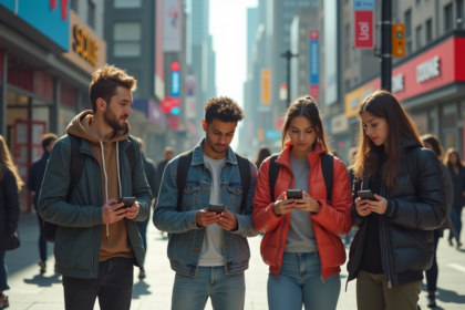 Groupe de jeunes adultes en streetwear dans une ville animée