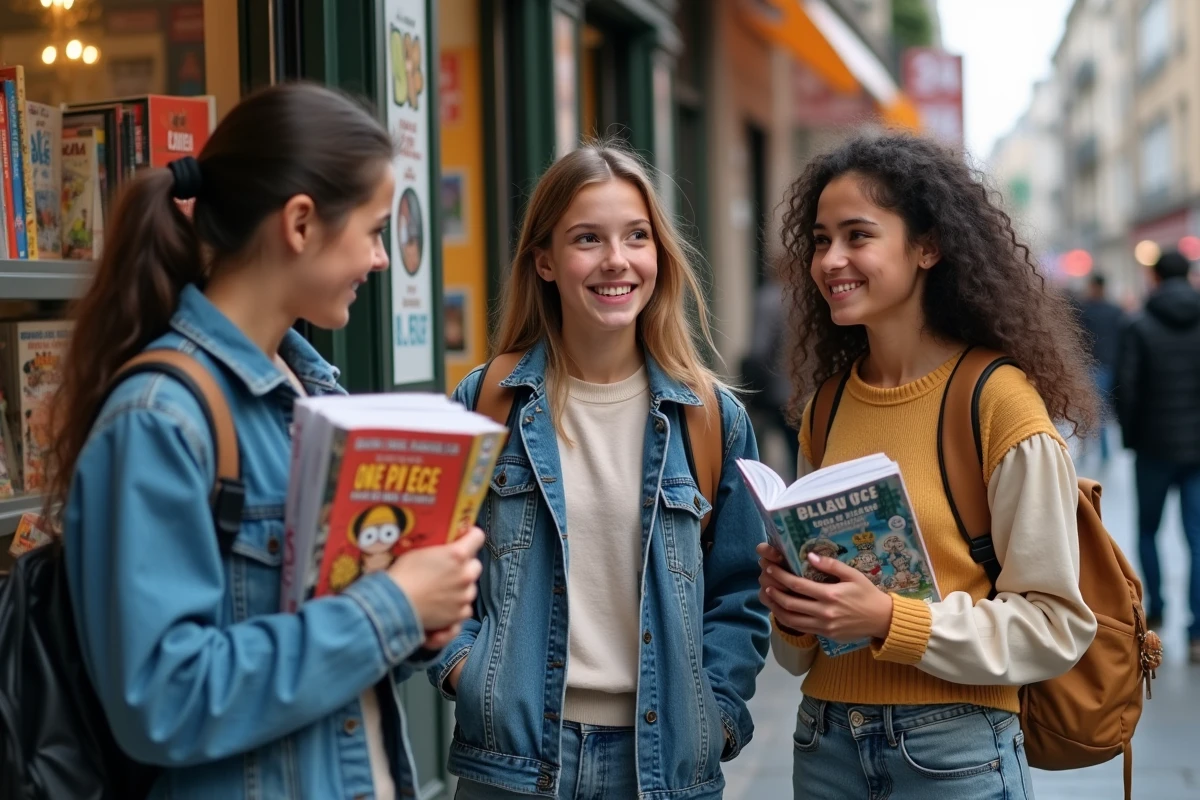 Groupe d adolescents avec manga devant une librairie parisienne