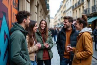 Groupe de jeunes adultes en streetwear devant un mural coloré à Paris