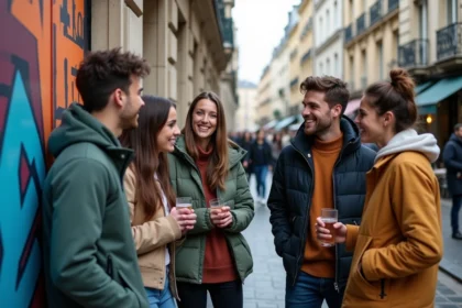 Groupe de jeunes adultes en streetwear devant un mural coloré à Paris