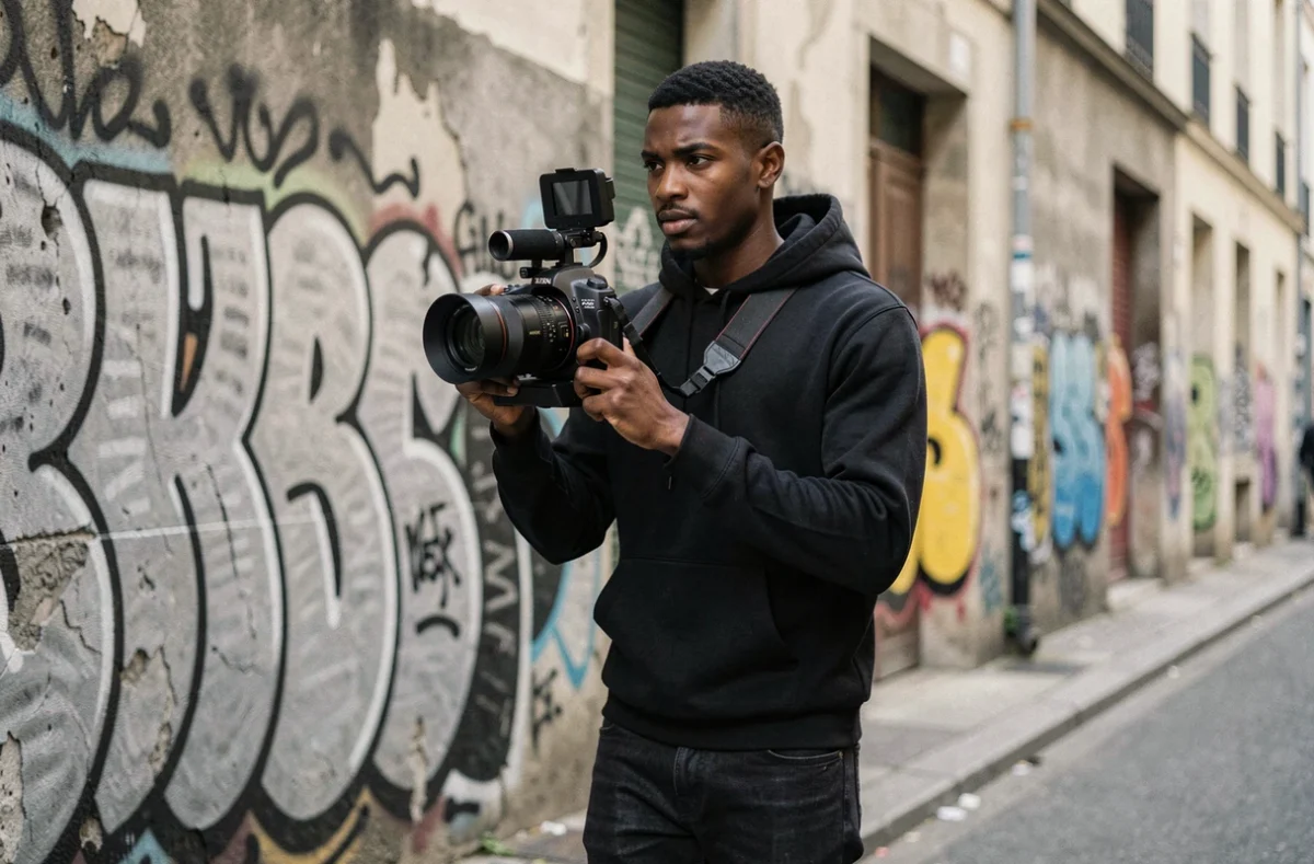 Vidéaste homme jeune avec caméra cinéma sur épaule dans une rue urbaine française