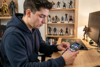 Joueur adulte concentré sur son smartphone affichant un deck Clash Royale dans une salle de gaming moderne