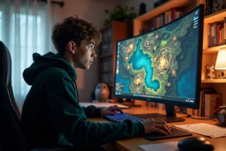 Joueur MMORPG concentré devant un écran affichant une carte de donjons et spots d'expérience pour monter un personnage mineur rapidement dans Dofus 3