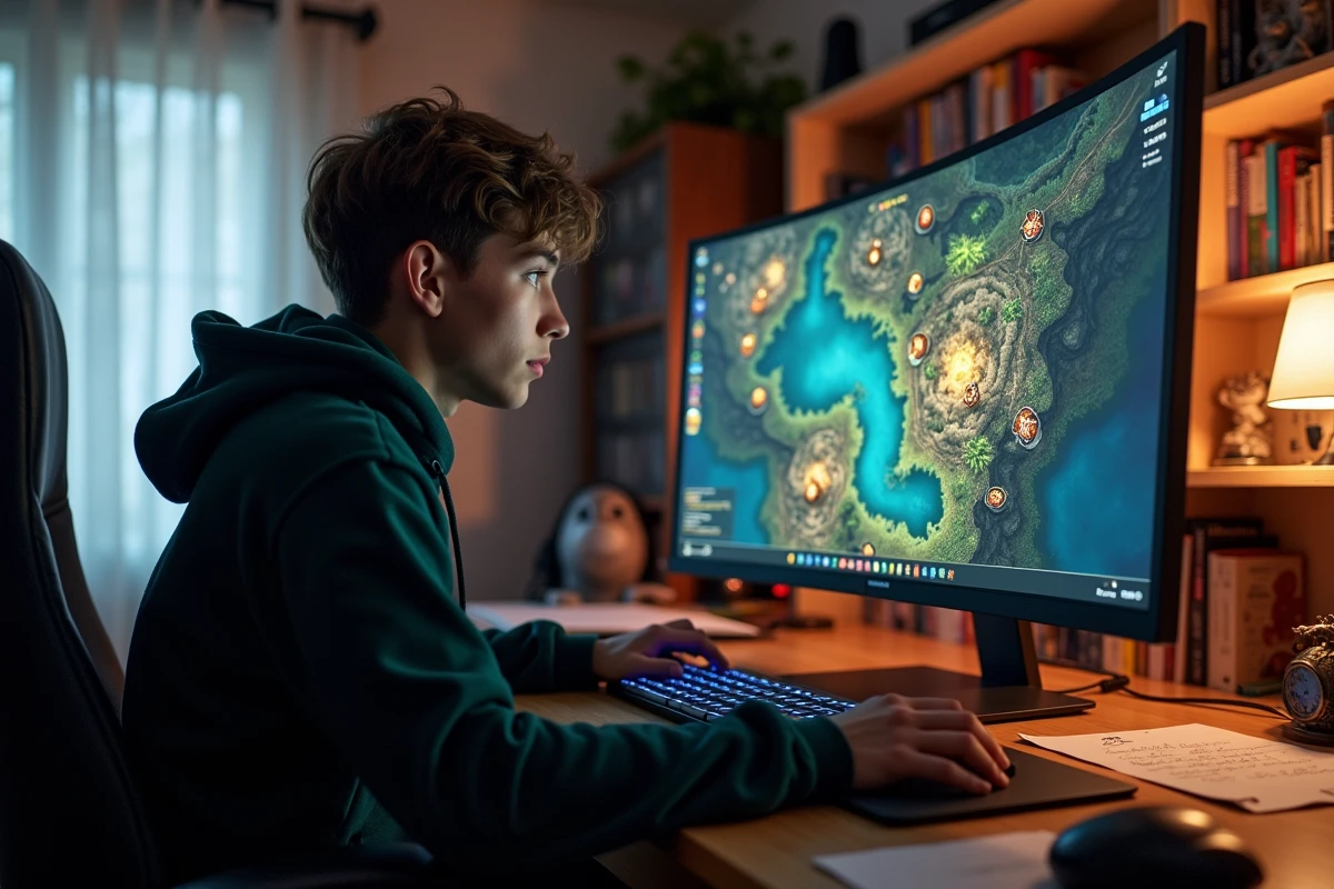 Joueur MMORPG concentré devant un écran affichant une carte de donjons et spots d'expérience pour monter un personnage mineur rapidement dans Dofus 3