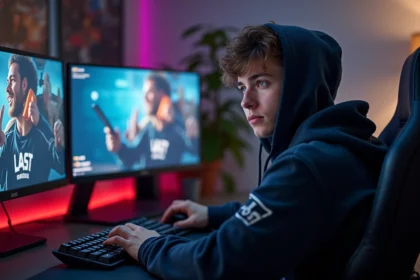Joueur de TFT concentré devant ses écrans en train d'adapter sa composition en cours de partie