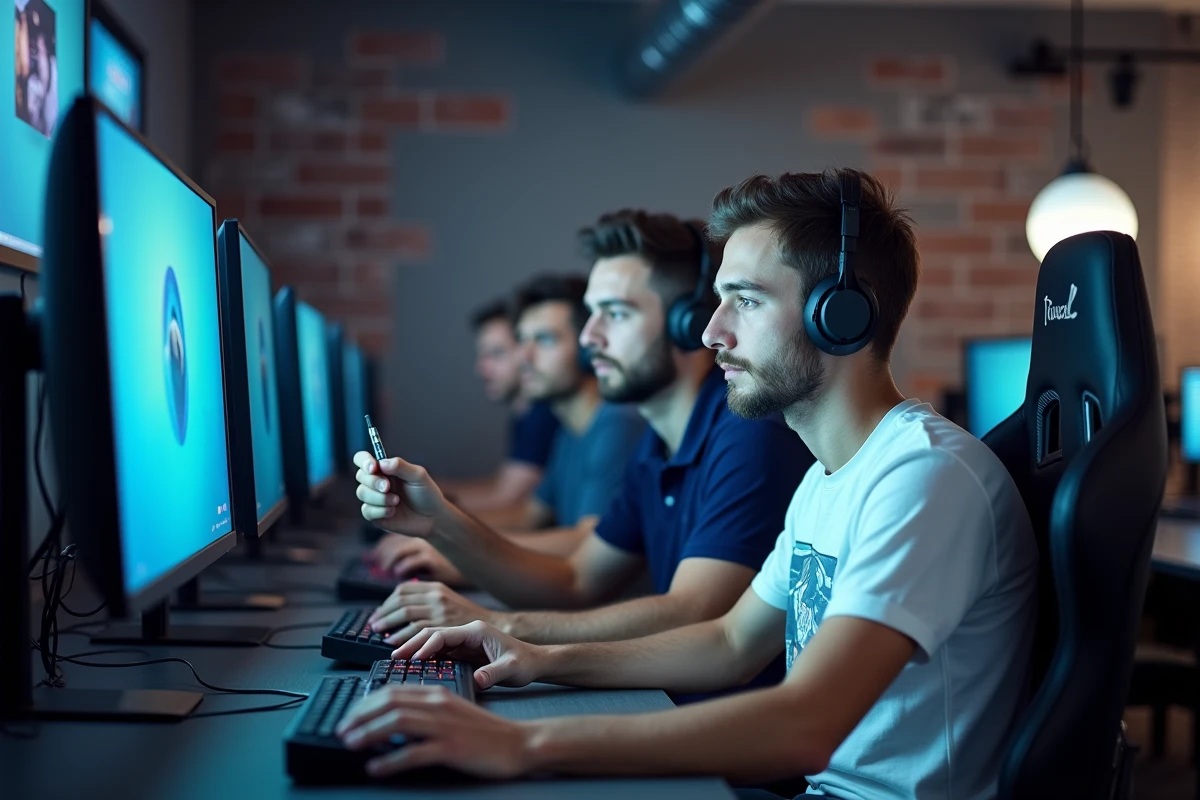 Deux joueurs de TFT discutant d'une stratégie d'adaptation de composition dans un café gaming lors d'une session LAN