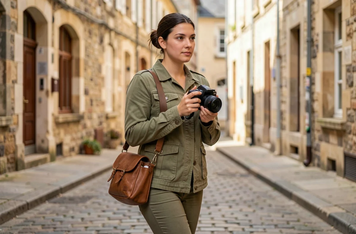 Julie Rodrigue, vidéaste femme marchant dans une rue pavée avec un stabilisateur de caméra
