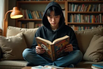 Jeune homme lisant un manga Solo Leveling en version française sur un canapé dans un appartement cosy entouré de volumes manga