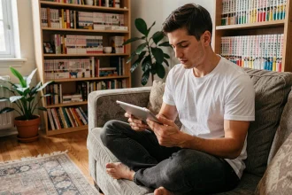 Jeune homme lisant un manwha sur tablette dans un appartement cosy, illustrant la popularité croissante des webtoons coréens comme Secret Class en 2026