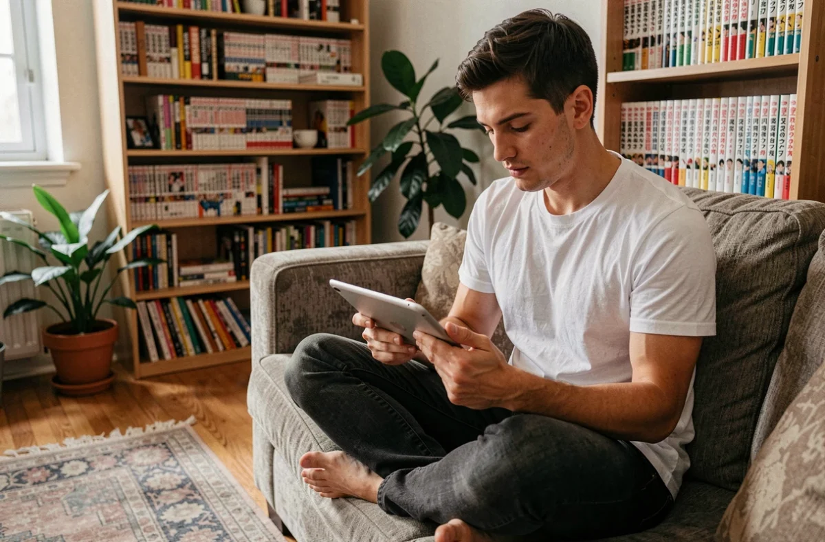 Jeune homme lisant un manwha sur tablette dans un appartement cosy, illustrant la popularité croissante des webtoons coréens comme Secret Class en 2026